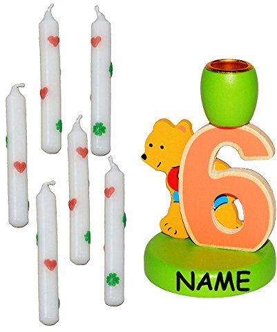 alles-meine.de GmbH Kerzenhalter - 6. Geburtstag - Teddy - aus Holz - incl. 6 Stück Kerzen + Name - Kerzenständer zum Aufstellen - Geburtstagszahl - Geburtstagskranz Kinderge..