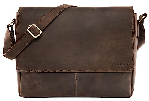 LEABAGS Sac à bandoulière en cuir pour hommes et femmes | Sac pour ordinateur portable jusqu'à 15 pouces | Sangle d'épaule | Sac messager | Sac de travail | Sac d'enseignant | Nature brun foncé