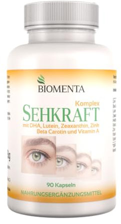 BIOMENTA Sehkraft Komplex – 90 hochdosierte Augen Vitamine Kapseln - Premiumqualität - mit Lutein und Zeaxanthin, Beta Carotin, DHA (Omega-3) + Vitamin A, B2, C + Zink