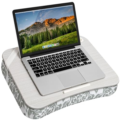 LAPGEAR XL Designer Schoßschreibtisch mit Telefonhalter und Geräteleiste – Grau Damast – passend für Laptops bis zu 43,8 cm (17,3 Zoll) – Stil Nr. 45524 | Integrierter Handyschlitz, Geräteleiste, passendes Mikroperlenpolster, Tragegriff