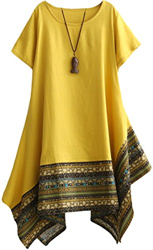 Minibee Abito a Tunica Irregolare a Maniche Corte in Cotone Lino Etnico da Donna, Giallo, M