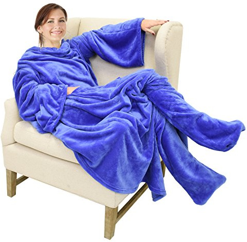 Catalonia Classy Decke mit Ärmeln und Fußtasche Geschenk für Frauen Herren, Flauschig Fleece Tragbare Kuscheldecke mit Ärmeln, Warm Decke zum Anziehen Ärmeldecke Erwachsene, 190 x 135 cm Blau