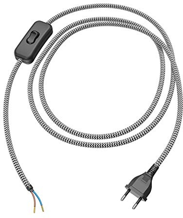 ledscom.de Eurostecker Typ C mit Textilkabel, Schalter, 2 m, schwarz, weiß, gezackt, 2 x 0,75 mm²