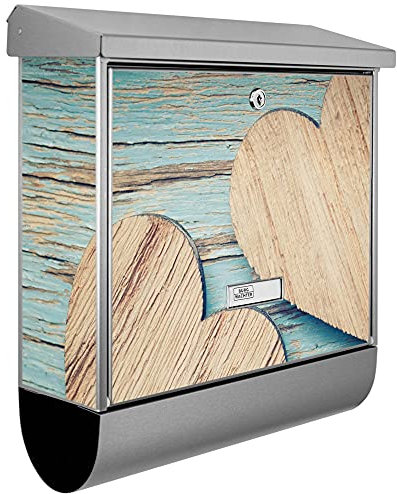 banjado® Burgwächter Briefkasten Edelstahl 38x39x12cm mit Motiv Holz Herzen/Briefkasten Edelstahl ohne Zeitungsfach/Briefkasten grau/Postkasten inkl. Montagematerial & 2 Schlüsseln