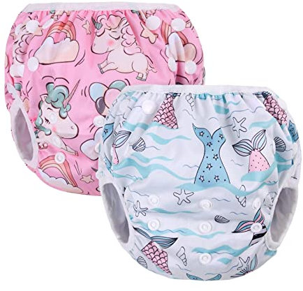 Vicloon Pannolino da Nuoto, 2 Pezzi Pannolini Lavabili Pannolini da Nuoto, Costume Piscina Regolabile Riutilizzabile Costumi per Bambini 0-3 Anni, Unicorno Rosa e Coda di Sirena Blu