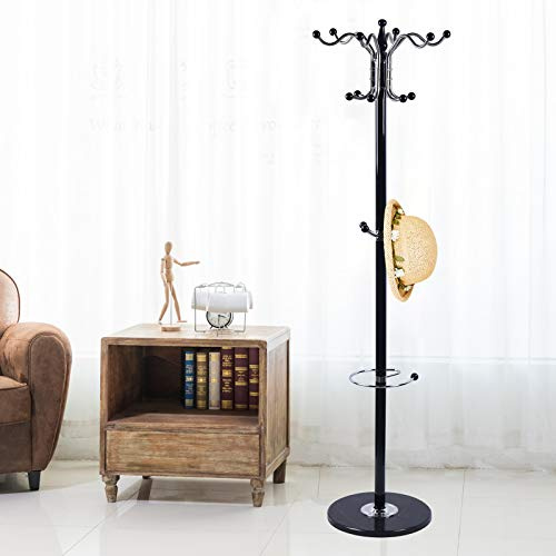 SanBouSi Garderobenständer Kleiderständer mit Schirmständer 170 cm, Freistehende Garderobe Metall mit Marmorfuß 16 Haken Modernes Design, Schwarz