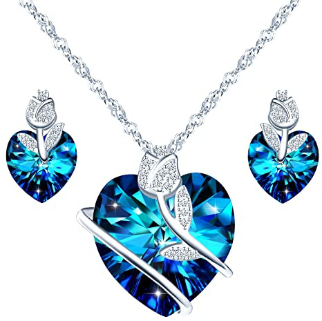 Yumilok Colgante para mujer Pendientes de botón de corazón de rosa S925 Colgante de corazón de plata de ley Temperamento de moda de cristal azul