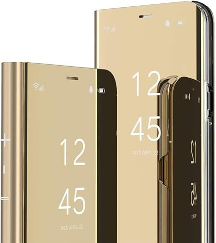 IMEIKONST Flip Hülle für iPhone 14 6.1 Zoll Handyhülle Spiegel Golden QH | PU Lederhülle Klappbar Tasche mit Schminkspiegel, Harte Rückseite Stoßfest Schutzhülle, Standfunktion Buchstil Cover