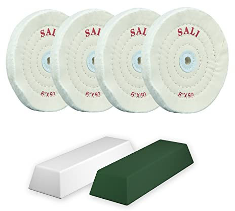 SALI Juego de 4 discos de pulir para amoladoras de bancada 150mm Disco de pulir de 50 capas de algodón Incl. pasta de pulir Compatible con amoladoras de bancada estándar y herramientas rotativas Para