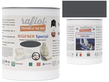 rafiol Rigener Special Ecopelle-pelle + Rigener finitura trasparente satinata. RESTAURA LA PELLE USURATA RIPRISTINANDO IL SUO STATO ORIGINALE. (375 ml + 156 ml, Ardesia)