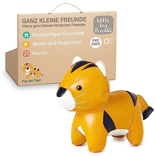 Little Big Friends Tiny Friends – Weiche Baby-Rassel | Tragbares Sensorikspielzeug für unterwegs | Waschbar & Ideal für Kinderwagen | Tim der Tiger