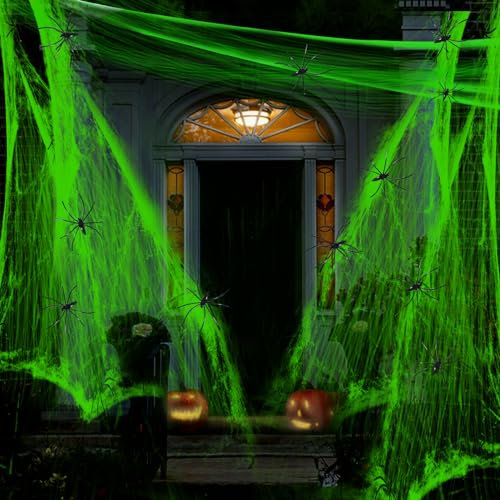 Feelorna Telaraña de Halloween, 60g Tela de araña Luminosa y 30 arañas para Halloween Decoraciones para Fiestas temáticas de Terror en Interiores y Exteriores