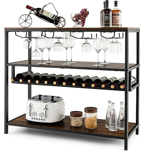KOMFOTTEU Weinregal mit 4 Ebenen, Flaschenregal für 13 Flaschen und 4 Reihen Becherhalter, stehender Weinständer aus Holz, Weindisplay für Küche, Bar, Buffet, 102 x 40 x 87 cm