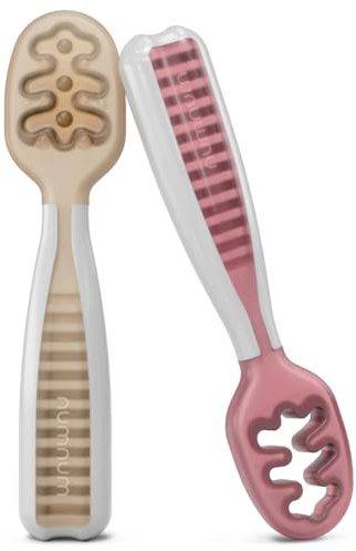 NumNum Cuillères Bébé Apprentissage | 2 pre Cuillères en Silicone (étape 1 + étape 2) | #1 Recommandé par les Experts de Sevrage | Idéal BLW (Beige/Mauve)