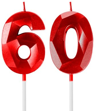Yiran 3D Rot Geburtstagskerzen,Geburtstagskerzen Zahlen 60,Kuchendeko Geburtstag,Geburtstagskerzen für Geburtstagsdeko,Kuchen Dekoration für Männer, Frauen Geburtstag Jubiläen Party