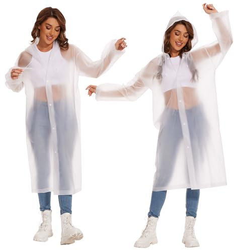 2 stycken regnponcho för kvinnor och män, vattentät transparent regnjacka regncape med dragsko huva Eva Travel vikbar regnponcho regnrock för vandring cykling camping festival och resor, 2 stycken