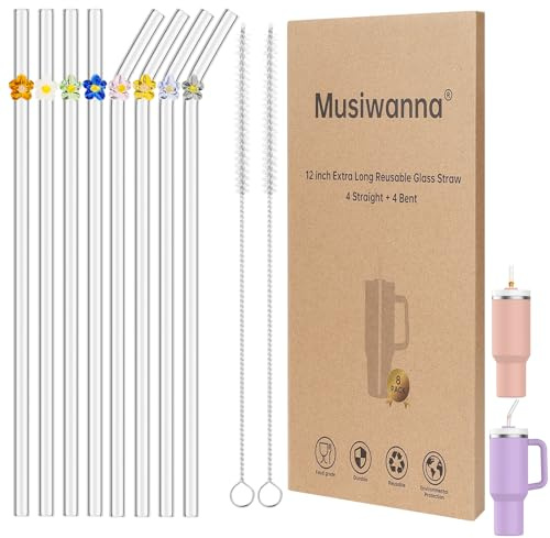 Musiwanna Glasstrohhalme 31cm Lang mit Blumen für Stanley Cup 40oz, 8Stück Glas Strohhalm mit Motiv, Wiederverwendbar Strohhalme mit 2 Reinigungsbürsten für Stanley Adventure Quencher Reisebecher 40oz