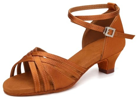 YCALCP Flicka Balroom Latin Tango Dansskor Heeled Salsa Latin Balroom Open Toe Flickor Satin Dansskor,4 cm Klack-Brun,EU 36.5