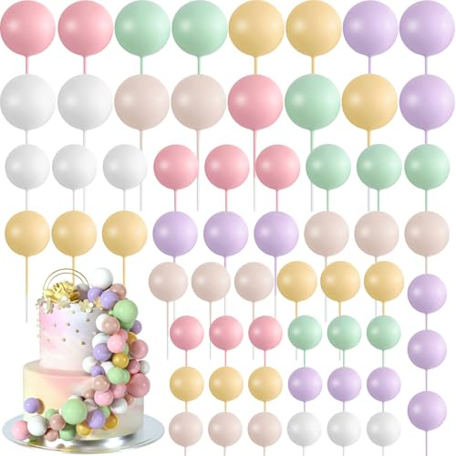 BOUBONI 48 Stück Tortendeko Kugeln Cake Topper Kuchen Kugeln Dekorationen Ballon Cupcake Tortenaufleger für Geburtstag Party Hochzeit Babyparty Kuchendekoration (Rosa, Grün, Gelb, Violett, Braun)