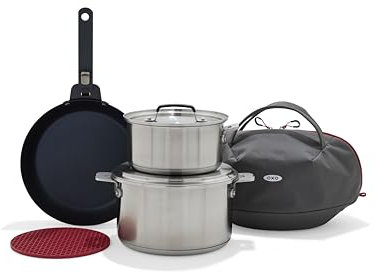 OXO Outdoor 8 Piece Camping Cookware Set, 10 Pre-Seasoned Carbon Steel Frying Pan Skillet, 2.25QT and 5QT Stainless Steel Saucepans with Lids, Removeable Handle, Trivet, Travel Bag, Space-Saving