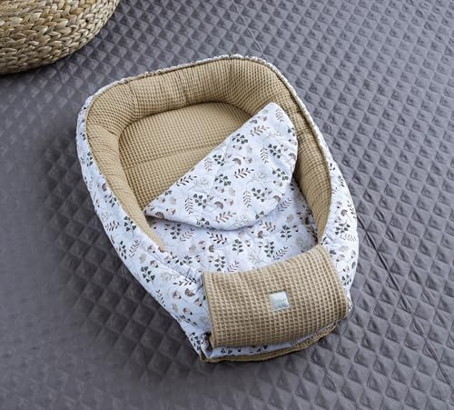 Braun BLUMEN/Taupe Waffelpique Bio-Baumwolle Babynest Neugeborene Baby Unterlage Reisebett Nestchen SOLO/o. in PREMIUM Ausstattung SETS (Nest + Matratze (Ersatzboden))