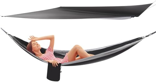 Hängematte Outdoor mit Tarp Moskitonetz 2.9 * 1.4m Ultraleicht Wasserdicht Camping Hammock Hängematten mit Insektennetz Zeltplane 200kg Last Kapazität (Grau)