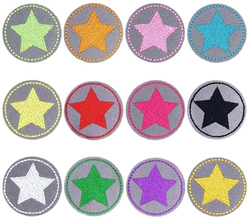 Pixaro 12 Stück Bügelflicken Kinder - Farbig Flicken zum Aufbügeln, Sterne Aufnäher, Bunte Aufnäher zum Aufbügeln, Bügelbilder für Textilien, Reparaturflicken, Kleidung