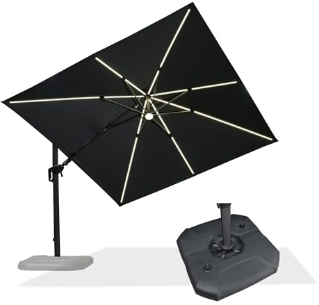 PURPLE LEAF Sonnenschirm 300 x 300 cm mit LED & Schirmständer Ampelschirm Twist Neigbar Kippbar Gartenschirm Groß, Aluminium Gestell, 360° Rotation, Grau