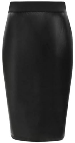 Party HuB Womens Elastic Waistband Fancy PVC Shiny Bodycon Skirt Ladies Wet Look Faux Leather Pencil Tube Midi Skirt Black
