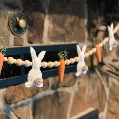 Easter Garland, 2025 Newly Easter Rabbit Carrot Garlands,Felt Bunny Carrot and Wood Beads Front Door Wreath, Wooden Beads Rabbit Hanging Banners, For Easter Decoration Spring Ornaments for Home