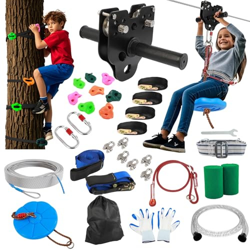Dollate 200FT Zipline for Backyard Kids and Adults: Up to 400 lbs, Quick Tighten Zip Lines with Updated Removable Design Trolley,Seat,Spring Brake,Heavy Duty Ratchet Straps