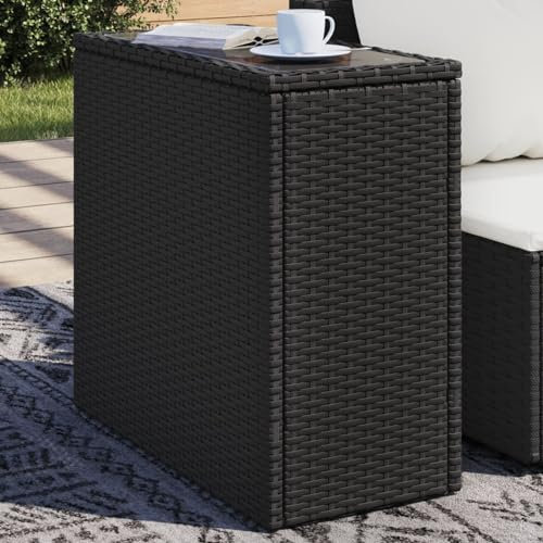 Homgoday Garten-Beistelltisch mit Glasplatte Schwarz 58x27,5x55cm Rattan Tisch Gartentisch Balkontisch Couchtisch Loungetisch für Balkon Terrasse Garten