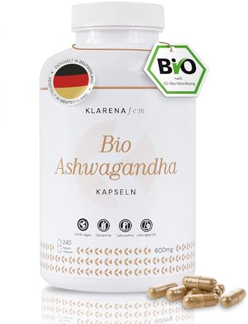 Bio Ashwagandha Kapseln hochdosiert – 240 Kapseln - 2400 mg Tagesdosis - Ashwagandha Wurzelpulver – vegan ohne Zusätze & laborgeprüft – 60 Tage Vorrat – produziert in Deutschland – KLARENA