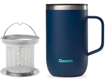 QWETCH - Mug Isotherme Inox Recyclé avec Anse & Filtre Infuseur Bleu Nuit - Tisanière Isotherme 470ml - Thermo Café & Thé - 6h Chaud & 12h Froid - Bouchon Coulissant Anti-Éclaboussures