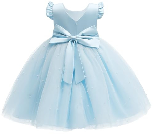 JiAmy Vestidos de dama de flores para niñas, sin mangas, con escote en V, lazo, para boda, dama de honor, fiesta, princesa, de tul, para niñas de 4 a 7 años, azul, 6 años
