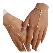 YEEZII Gold Hand Chain Bracelets for Women, 2 Pcs 14k Gold Plated Cubic Zirconia Link Chain Bracelet Set, Trendy ring bracelet hand chain Jewelry for Her (Gold-A)