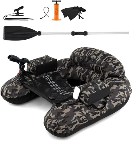 HOMASIS Schlauchboot, aufblasbares Angelboot mit Pumpe, Alu-Paddel & Flossen, Fischerboot mit Verstellbarer Angelrutenhalter & Fischhakenstator, Belly Boat 150 kg belastbar, 111x104x46cm (Tarnfarben)