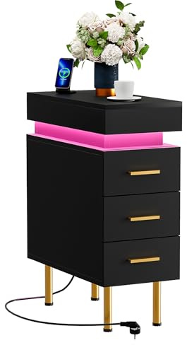 Table de chevet étroite avec 3 tiroirs et éclairage LED - 50 x 25 cm - Commode de chambre avec prise + USB, lumière Bluetooth - Parfaite comme table d'appoint, armoire de niche ou étagère étroite