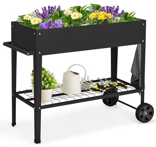 GOPLUS Jardinière Surélevé sur roulettes avec Étagère et 2 Crochets pour Outils de Jardinage, Lit de Jardin en Métal pour Légume, Herbe, Carré Potager Extérieur pour Jardin, Balcon (Noir)