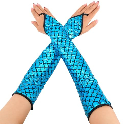 Mikovivi 1 Paar Glitzernde Meerjungfrau Armstulpen, 50cm Lang Holografisch Blau Fingerlos Fischschuppen Handschuhe für Damen und Mädchen Karneval Abschlussball Halloween Cosplay Kostüm
