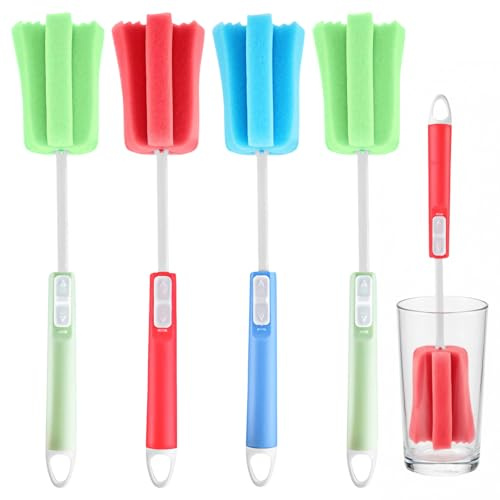 4PCS Sponges Washing Up, Extendable Long Handle Sponge Brushes, Dish Sponge with Handle for Kitchen, Cups Mugs Kettles Wine Glasses Washing Up Brush (Green, Blue, Red)