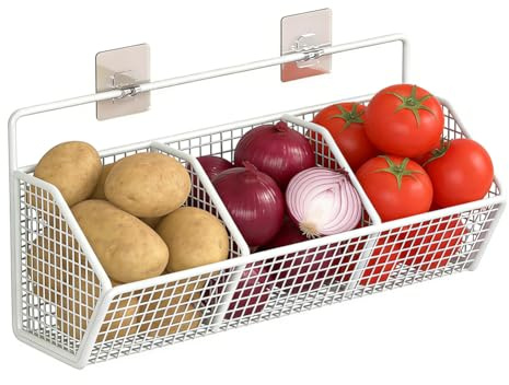 MIUUIPI Obstkorb Hängend, Wandkorb Metall mit 3 Fächern, Hängekorb Küche ohne Bohren, Obstkorb Wand, Obstständer Obstregal, Wand Aufbewahrungskörbe für Gemüse, Obst und Brot (Weiß)