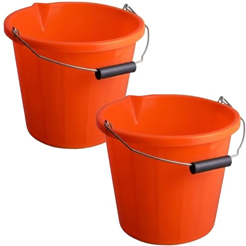 2 x - Orange - Builders Bucket Plastic 3 Gallon 14 Litre 14L Strong Water Mixing Storage DIY UK Made