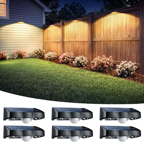 nibuuecer Solar Lights Outdoor Garden, 6 Pack Warm White 3000K Solar Fence Lights with 3 Modes Motion Sensor IP65 Waterproof Dusk to Dawn Garden Lights for Wall Patio Deck Backyard Garden Decorative