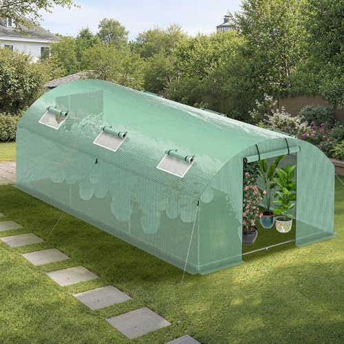 Peviasot 300 x 600 x 200 cm folieväxthus vintersäkert med förstärkt stålram, 12 fönster och 4 dörrar, 2 x 140 g/m² PE UV-resistent, tomater, växthus med 46 markankare och 6 spännlinor