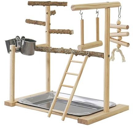 Fågellekplats – 35 cm trä klättring gym | trä rostfritt stål stativ – robust eukalyptusabborre med matskålar och stegar, perfekt för att hålla din husdjursfågel engagerad