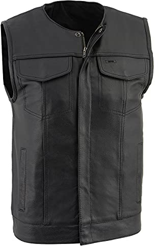 Milwaukee Leather LKM3711 Men's Black Leather Collarless Club Style Motorcycle Rider Vest w/Dual Front Closure - 7X-Large