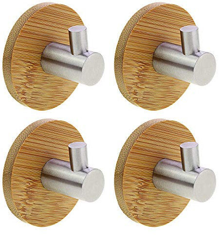KEESIN Ganci Adesivi In Bambù e Acciaio Inox Ultra Forte 3m Gancio Asciugamano Ganci per Cucina Bagno Lavatory Closets(Single Hook-4pcs)