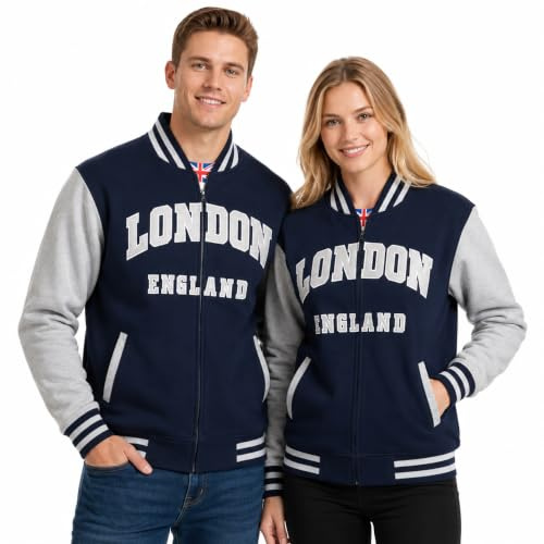Chaqueta de béisbol universitaria unisex GWCC London England – Azul marino y gris | Parche bordado de London England y Union Jack | Chaqueta bomber casual para hombres y mujeres, Navy Gris, XS