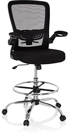 hjh OFFICE 719901 Arbeitsstuhl VENDO Work Netzstoff Schwarz Counterstuhl hoch, Armlehnen klappbar, Ring-Fußstütze